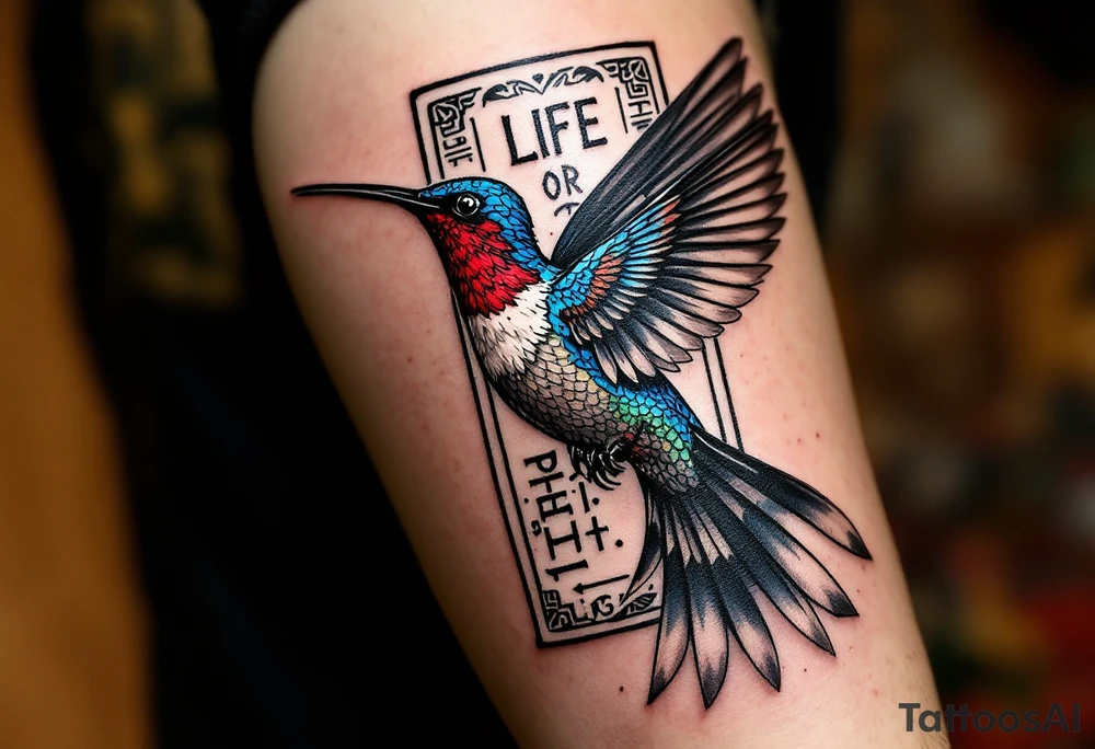 A hummingbird flying through a cartouche (Egyptian nameplate) that spells out a meaningful word like “Life” or “Strength.”(only red , blue and black are possible colors) tattoo idea