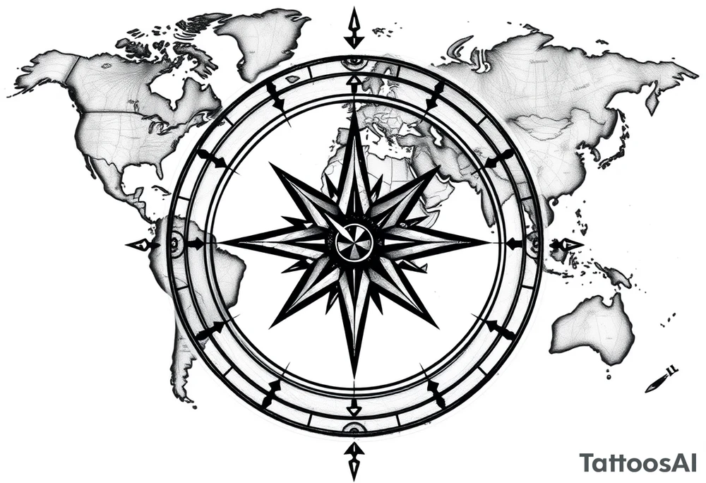 antique compass rose overlaid on weathered world map with sailing ships tattoo idea