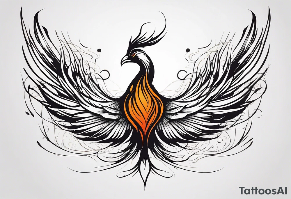 Minimalist Tattoo: A powerful, majestic phoenix, depicted mid-flight or rising, with wings extended and feathers flowing. Deep shading and intricate details to bring out the texture and motion of the feathers. Style: Minimalist. tattoo idea