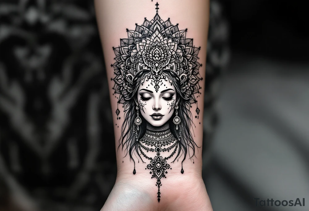 beautiful woman dmt deity with mandala behind head tattoo idea