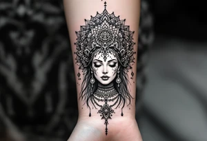 beautiful woman dmt deity with mandala behind head tattoo idea