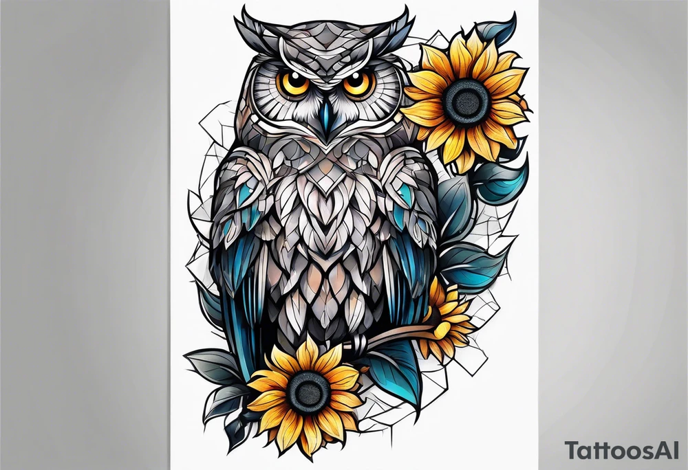Owl and sunflower sleeve tattoo idea