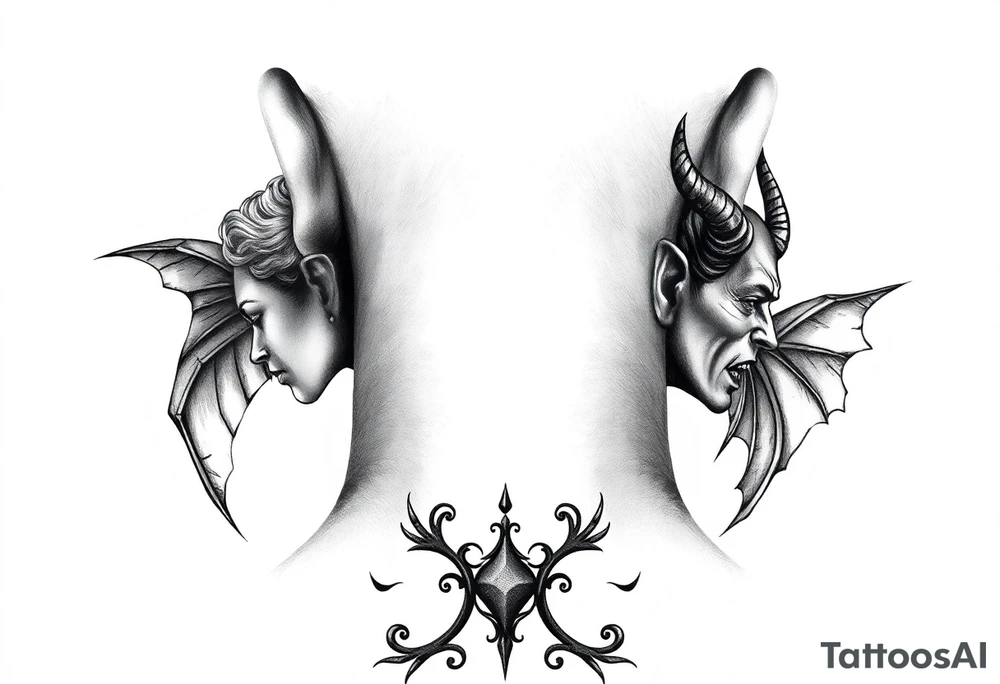 position behind the neck Angel (on the right) whispering in the right ear, demon (on the left) whispering in the left ear tattoo idea
