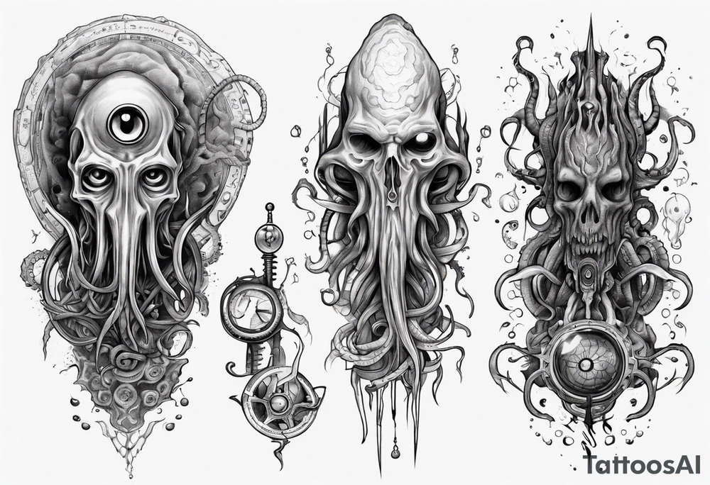 lovecraft long tattoo to put on the forearm, with eye and tentacle tattoo idea