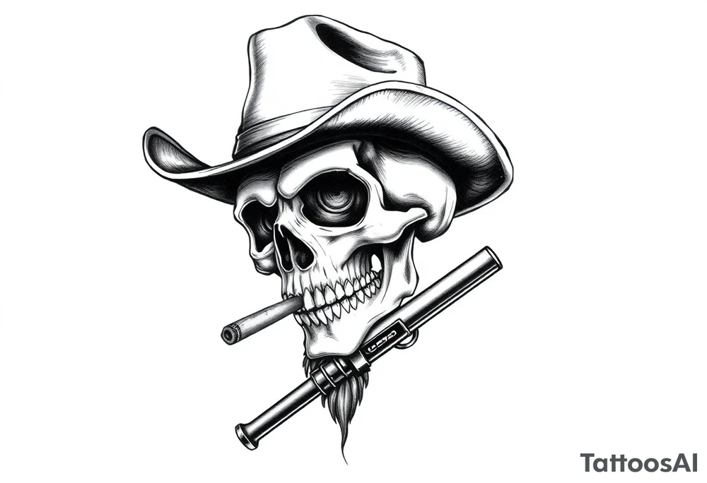 a skull with cowboy-hat and agun in his hand and a cigar in his mouth. tattoo idea