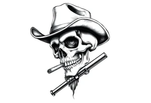 a skull with cowboy-hat and agun in his hand and a cigar in his mouth. tattoo idea