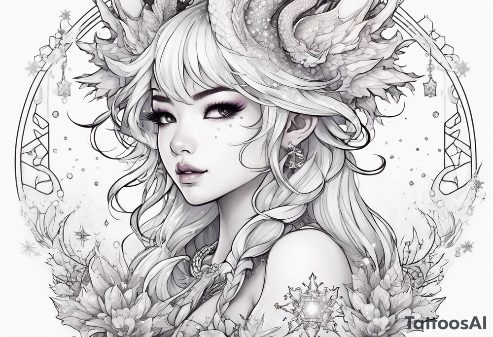 Constellation, kawaii dragon girl , snowflake tattoo idea