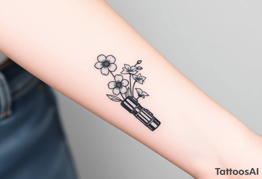 Star Wars Lightsaber handle with a daisy, morning glory, and lily of the valley in it tattoo idea