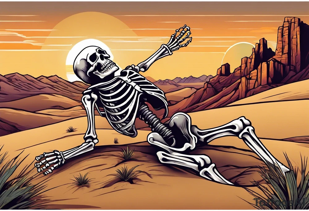 skeleton crawling towards a cross in a desert tattoo idea