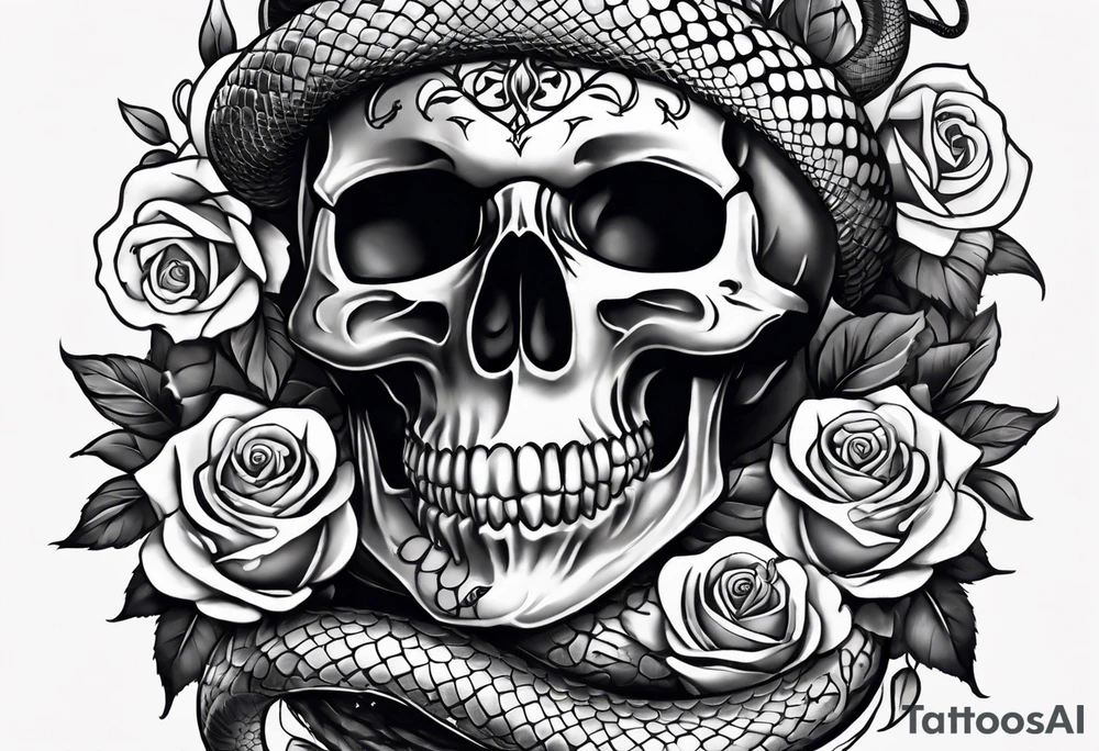 A skull with a snake wrapped around it and roses bordering all of it tattoo idea