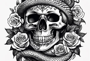 A skull with a snake wrapped around it and roses bordering all of it tattoo idea