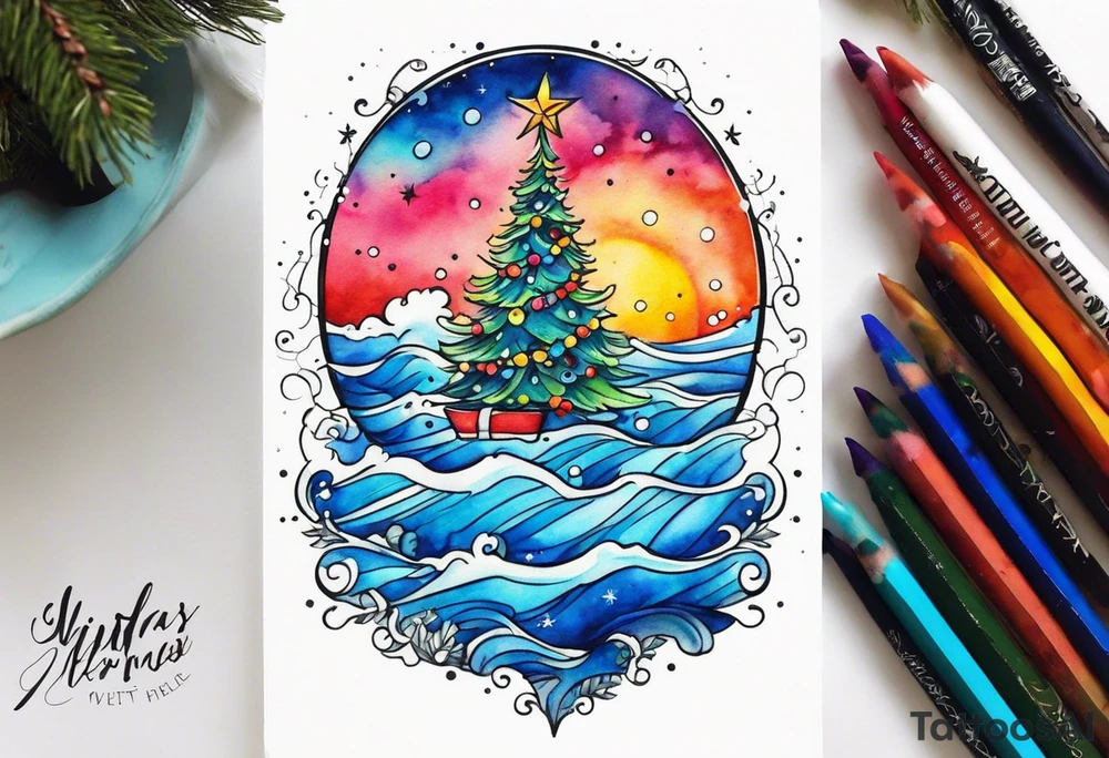 salt air blue water color Christmas tree tattoo idea