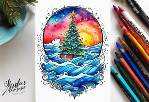 salt air blue water color Christmas tree tattoo idea