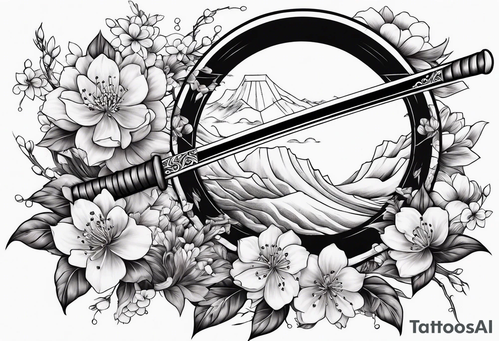 Katana with blossom surrounding it tattoo idea