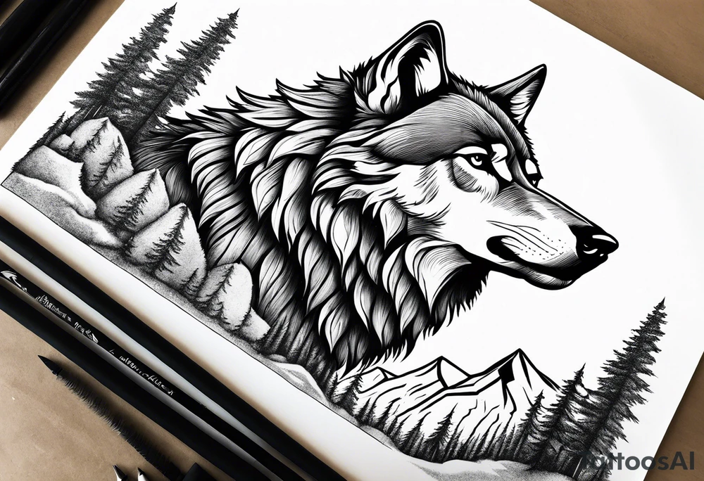 Mountains, wolf in it tattoo idea