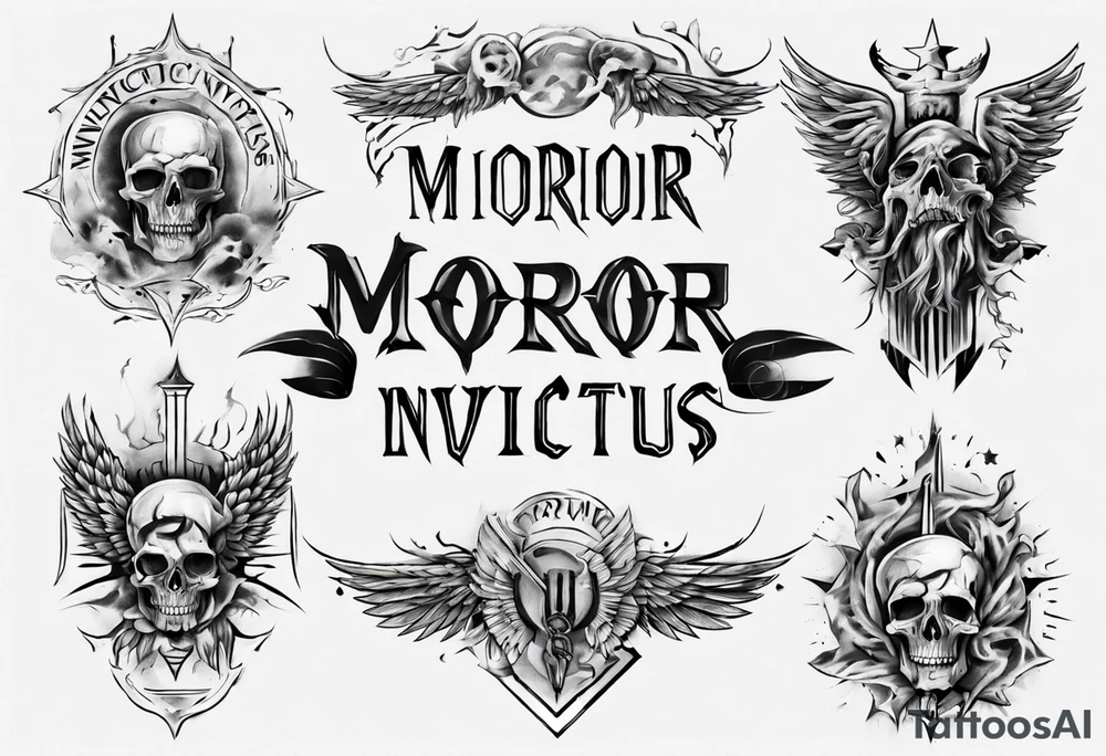 roman font saying "morior invictus" roman style tattoo idea