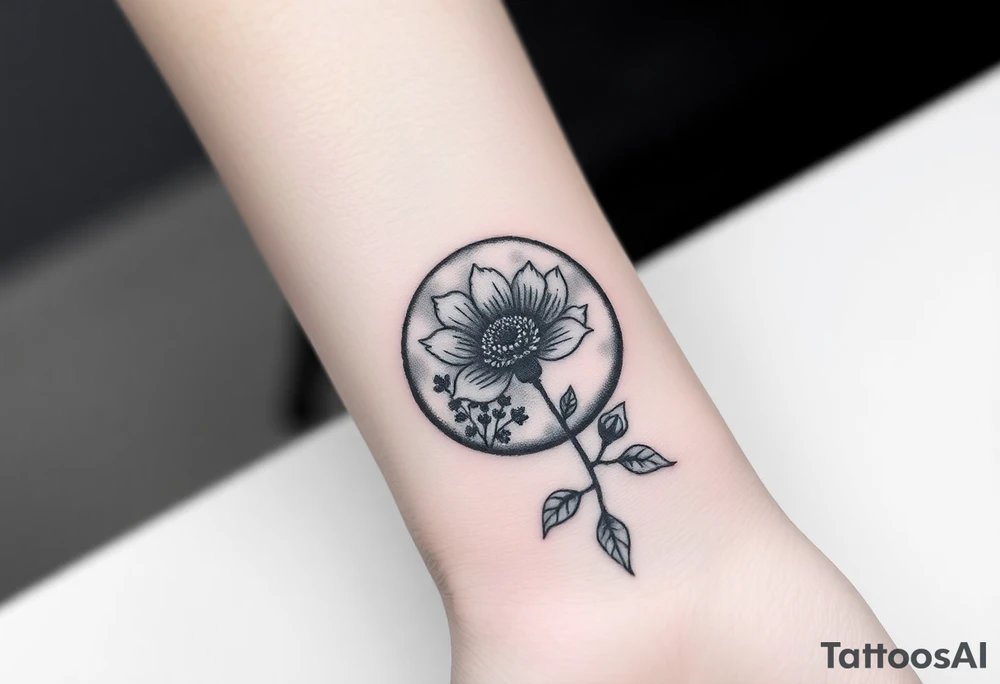 Small black and white tattoo full moon with small chrysanthemum and tiny scorpio gliph inside moon tattoo idea