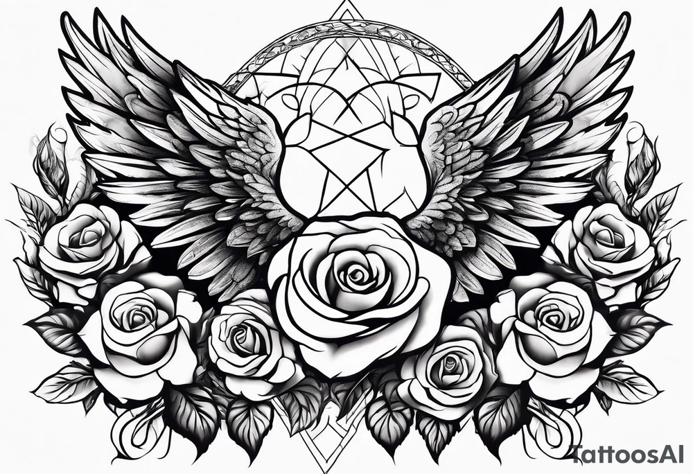 angel wing with roses and plants tattoo idea