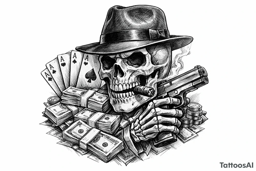 skull with gangster-hat,cigar in his mouth,gun in a hand,playing cards,a lot of money. tattoo idea