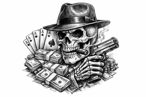 skull with gangster-hat,cigar in his mouth,gun in a hand,playing cards,a lot of money. tattoo idea