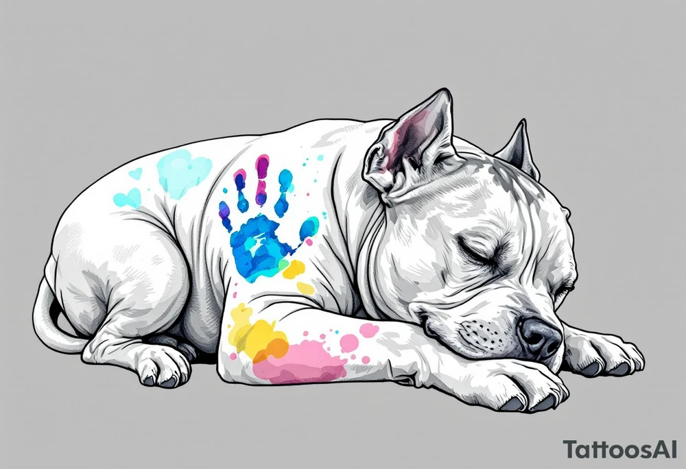 Staffbull with Child's Handprint
A peaceful Staffbull lying down with a small, colorful child’s handprint on its back or paw. Symbol of family and loyalty, done in grayscale with the handprint in soft watercolor tones (blue, pink, yellow). tattoo idea