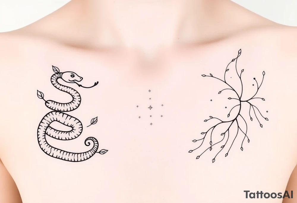 "Design a symbolic, artistic black-ink chest tattoo that spans both collarbones. On the left collarbone, depict a snake gracefully wrapped and coiled around the bone, its head resting near the center of the chest. From the snake’s mouth, instead of venom, delicate leaves are flowing outward — symbolizing letting go, surrender, and release. In the center of the chest, where the sternum lies, include subtle symbolic elements representing trust in the universe — like stars, a tiny spiral, or a soft sunburst — signifying alignment and faith. On the right collarbone, continue the story: flowing lines or abstract shapes that radiate resilience, strength, and hope — suggesting a journey or upward growth, like branches or a phoenix rising. The style should be elegant, fine-line, and minimalistic, yet deeply artistic and symbolic. The design should blend with the natural shape of the collarbones and sternum, evoking quiet power and inner transformation. Light skin tone, soft natural lighting." tattoo idea
