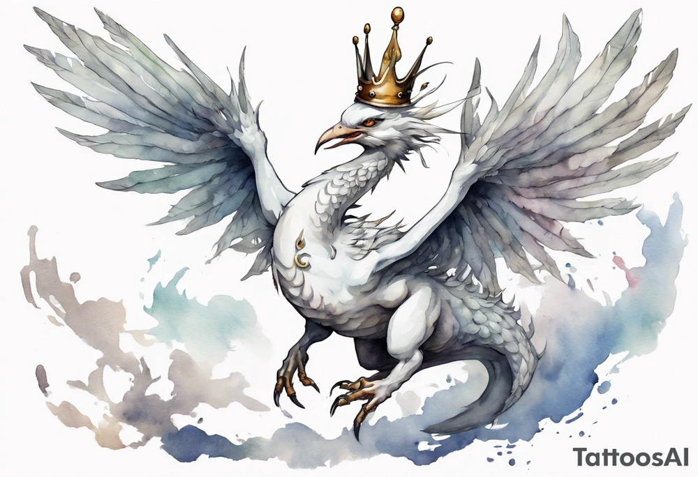 a white bird-wyrm hybrid, wearing a pewter crown on its head, flying in the air tattoo idea