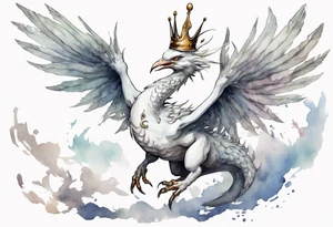 a white bird-wyrm hybrid, wearing a pewter crown on its head, flying in the air tattoo idea