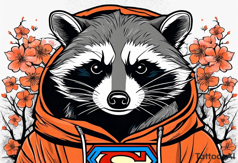 Raccoon wearing a white Superman logo on a black hoodie and orange Japanese cherry blossoms beside tattoo idea