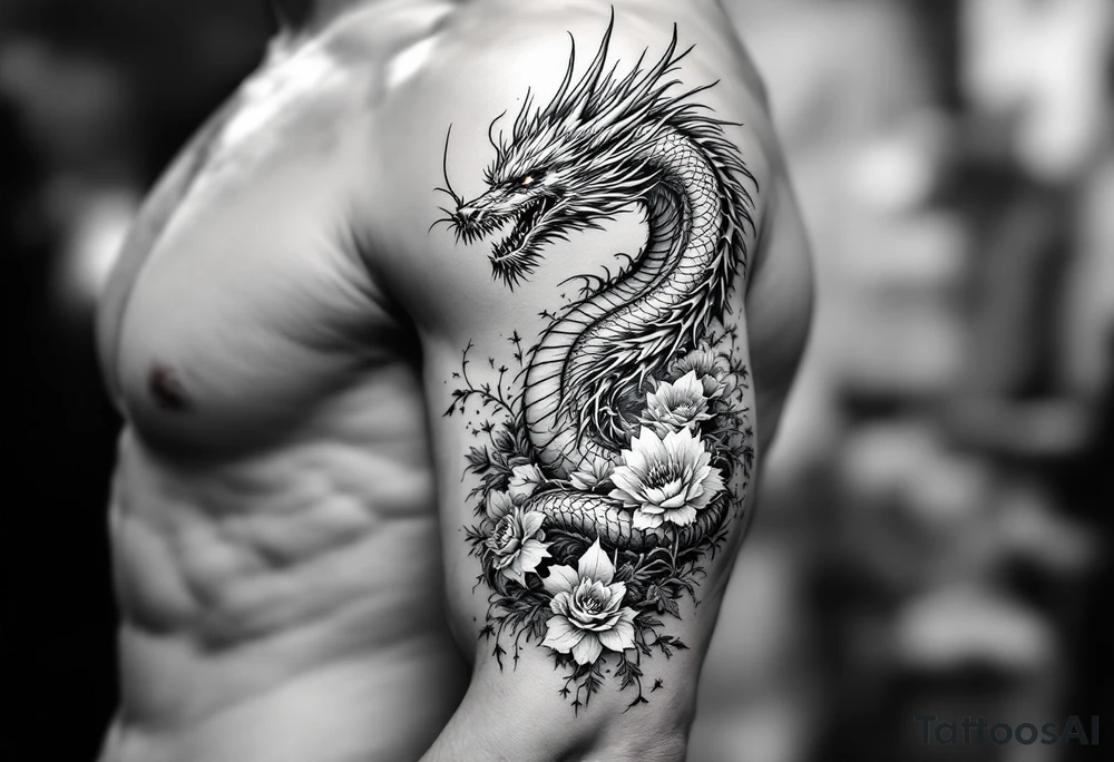 dragon with dead flowers surrounding, going from top to bottom tattoo idea