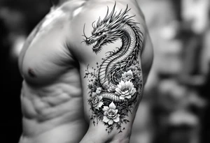 dragon with dead flowers surrounding, going from top to bottom tattoo idea