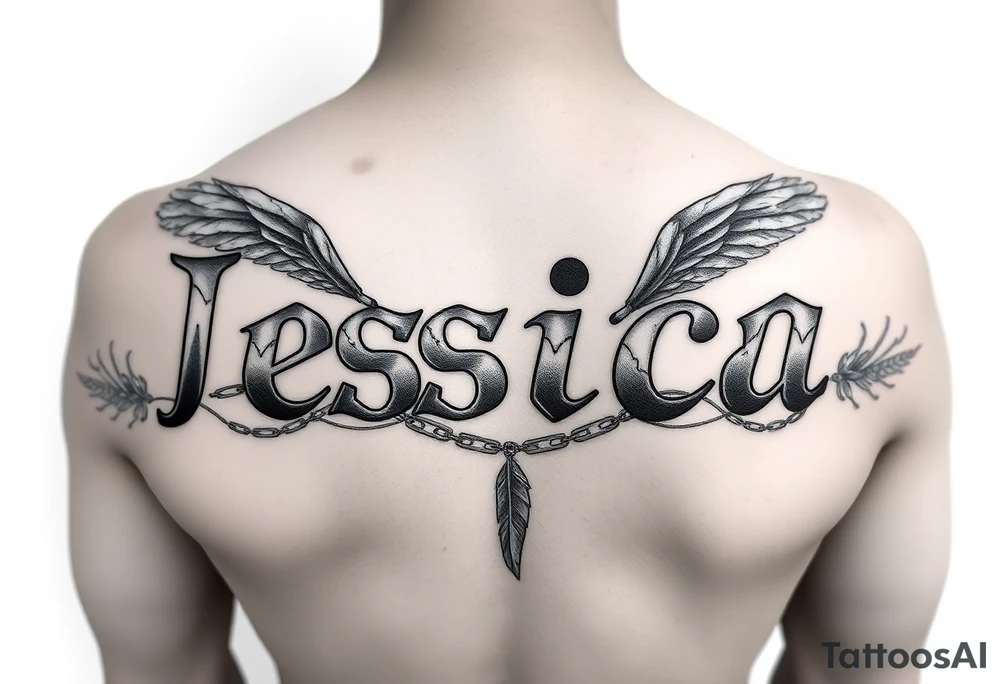 the name jessica with 3d shaded letters a healing vibe with broken chains and angel feathers tattoo idea