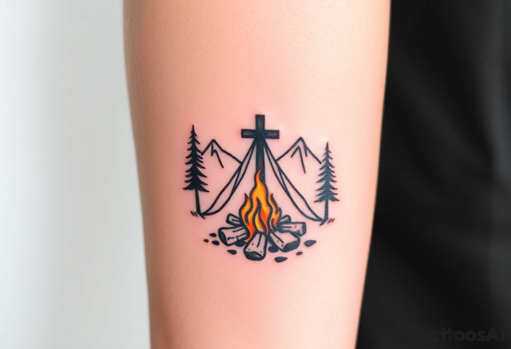 Campsite with a campfire with a cross tattoo idea