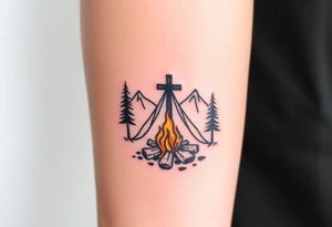 Campsite with a campfire with a cross tattoo idea