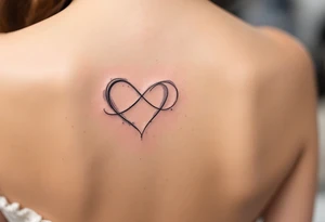 A simple gray infinity outline encircling a small rose-gold heart. tattoo idea
