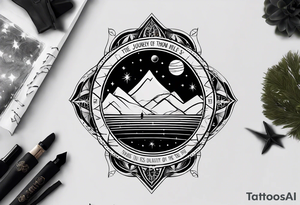 A tattoo featuring a meaningful quote about life's journey, such as "The journey of a thousand miles begins with a single step," accompanied by celestial elements to emphasize the cosmic nature of your path. tattoo idea