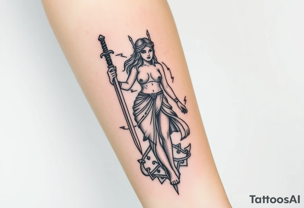 Greek goddess warrior with long dagger and realistic lighting bolts going around body Greek mythology style with dark shading and designs all around tattoo idea