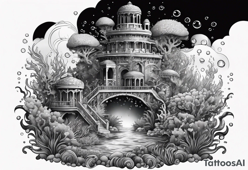 dark underwater coral reef with bubbles, flowing water lines, lost city of atlantis tattoo idea