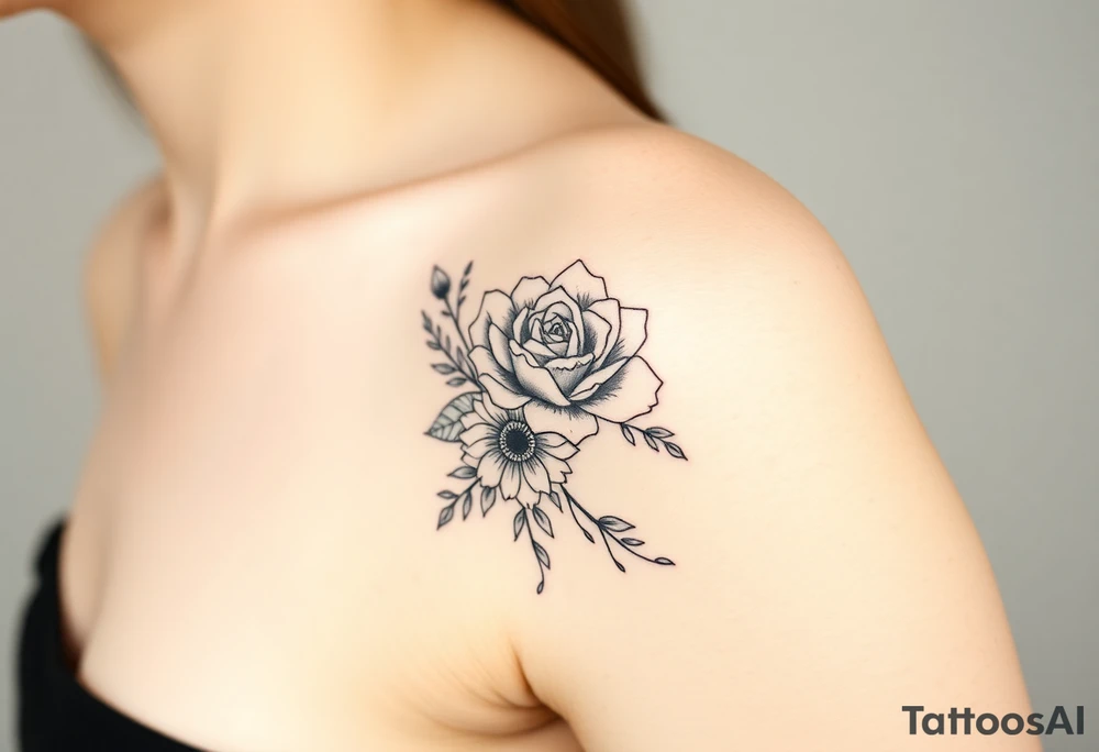 rose and chrysanthemum bouquet tattoo idea