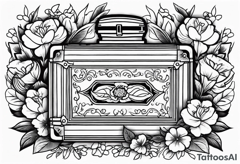 An sailor Jerry style tattoo of a vintage cigar box surrounded by traditional flowers tattoo idea