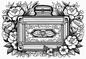 An sailor Jerry style tattoo of a vintage cigar box surrounded by traditional flowers tattoo idea