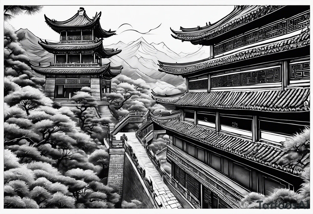 Chinese wall, realistic,chinese art, surroundings wall tattoo idea