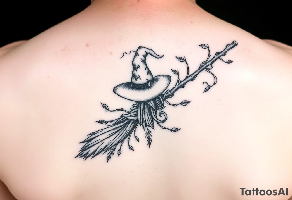 Which is broom with a witches hat with vines and feathers 
Smaller broom with hat placed on top or in the middle
Feminine and on a leg tattoo idea