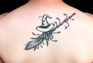 Which is broom with a witches hat with vines and feathers 
Smaller broom with hat placed on top or in the middle
Feminine and on a leg tattoo idea