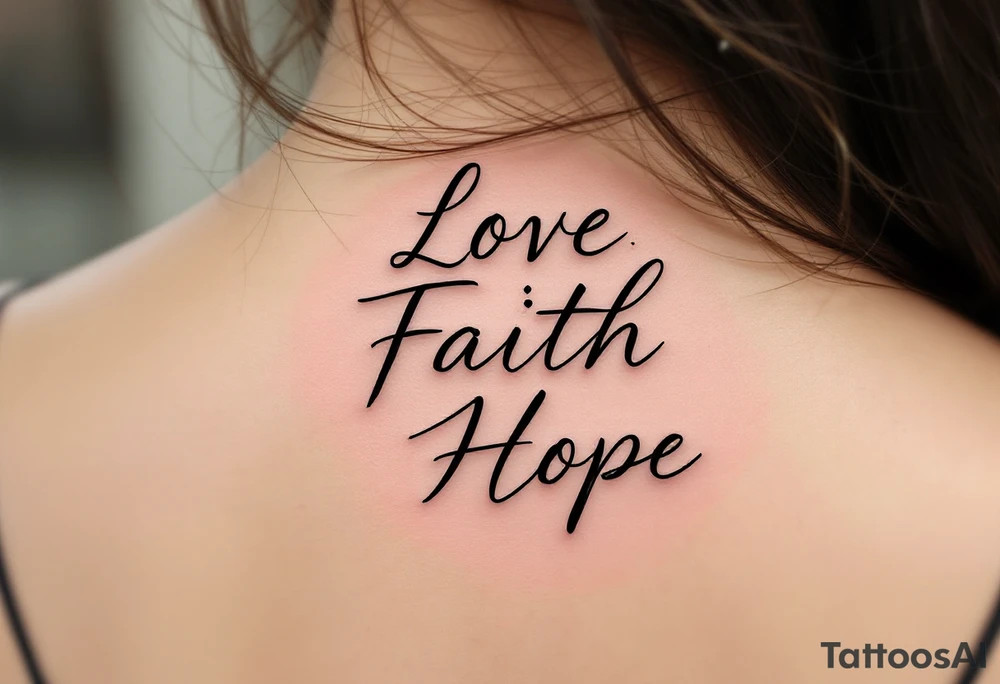 "Love, Faith, Hope" in stacked formation with thin black bars separating each word and soft gradient fills inside. tattoo idea