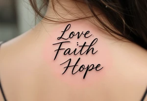 "Love, Faith, Hope" in stacked formation with thin black bars separating each word and soft gradient fills inside. tattoo idea