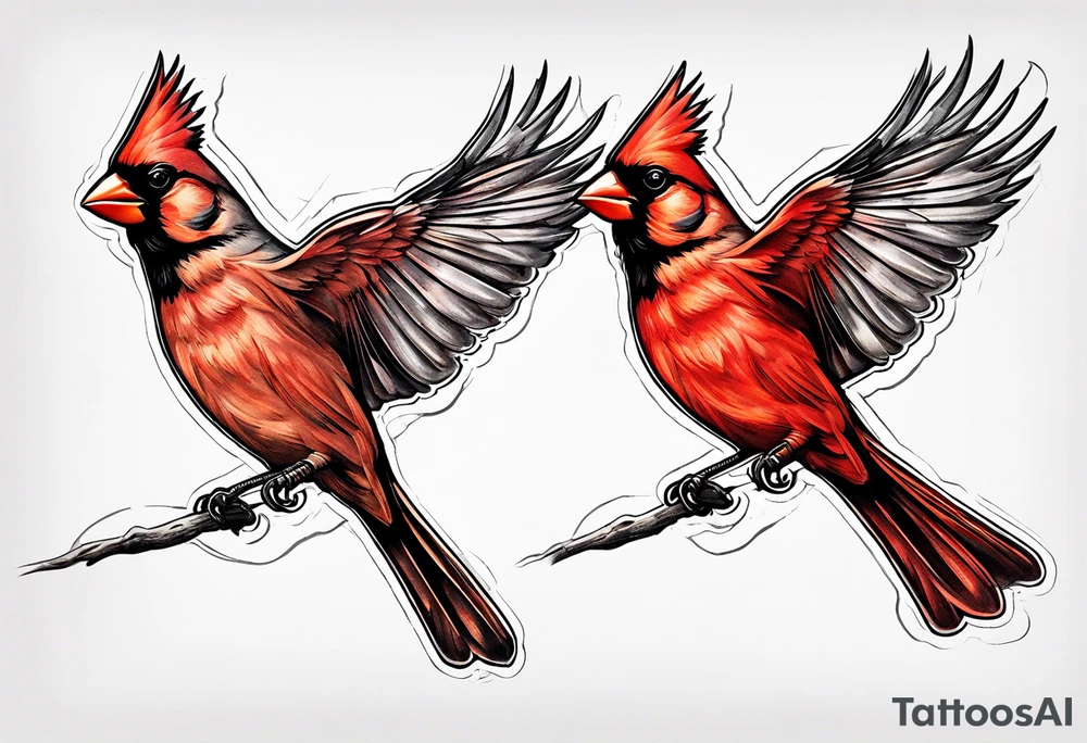 Male and female cardinal flying together tattoo idea
