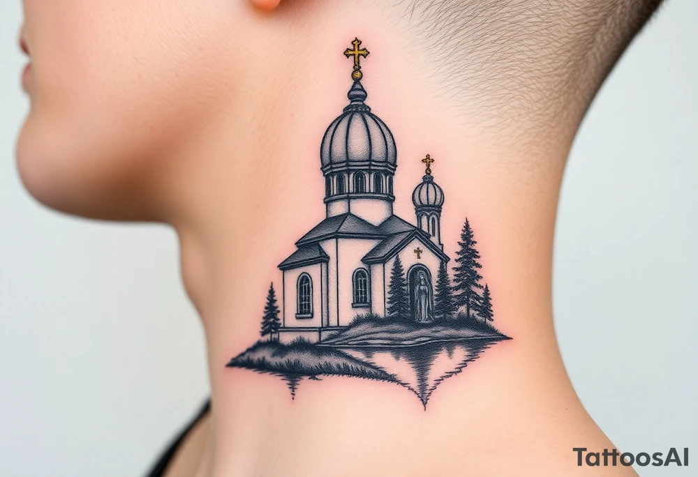 medium sized russian orthodox dome church with a separated virgin mary praying beside a lake and pine trees on the sized of my neck tattoo idea