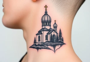 medium sized russian orthodox dome church with a separated virgin mary praying beside a lake and pine trees on the sized of my neck tattoo idea