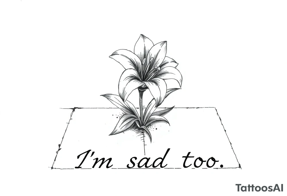 Lily growing out of tile floor with the words I’m sad too written small in the grout between two tiles tattoo idea